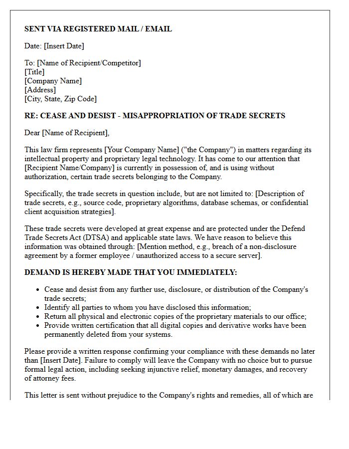 Legal Technology Vendor Trade Secret Cease and Desist Letter