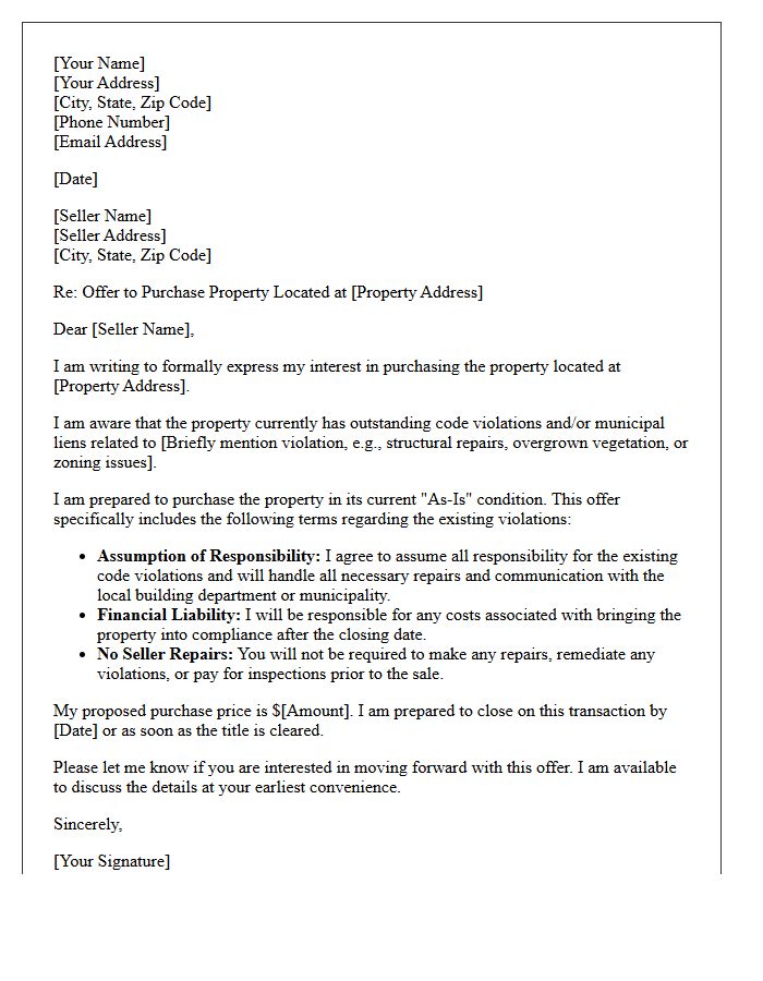 Code Violation As-Is Purchase Letter