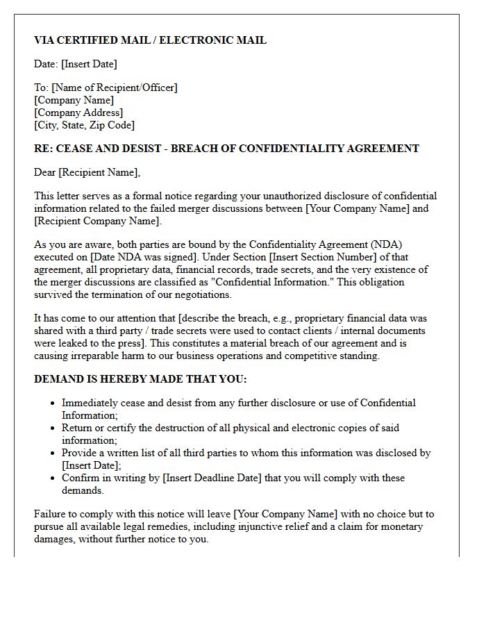 Failed Merger Confidentiality Breach Cease and Desist Letter