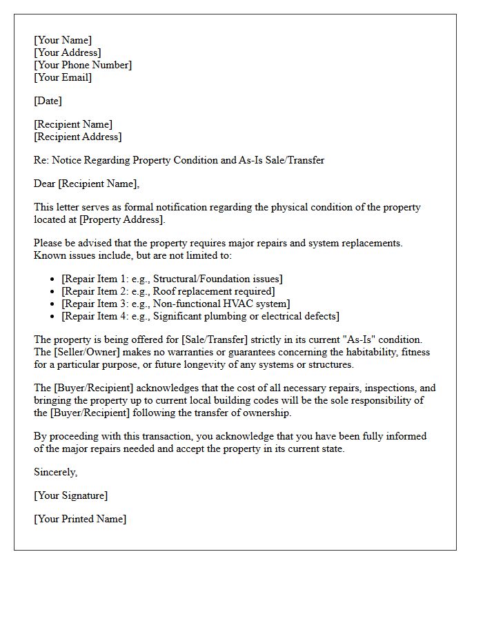 Major Repairs Needed As-Is Letter