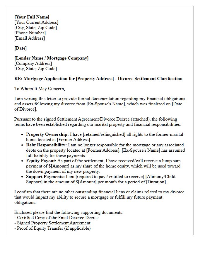 Divorce Settlement Property Purchase Letter