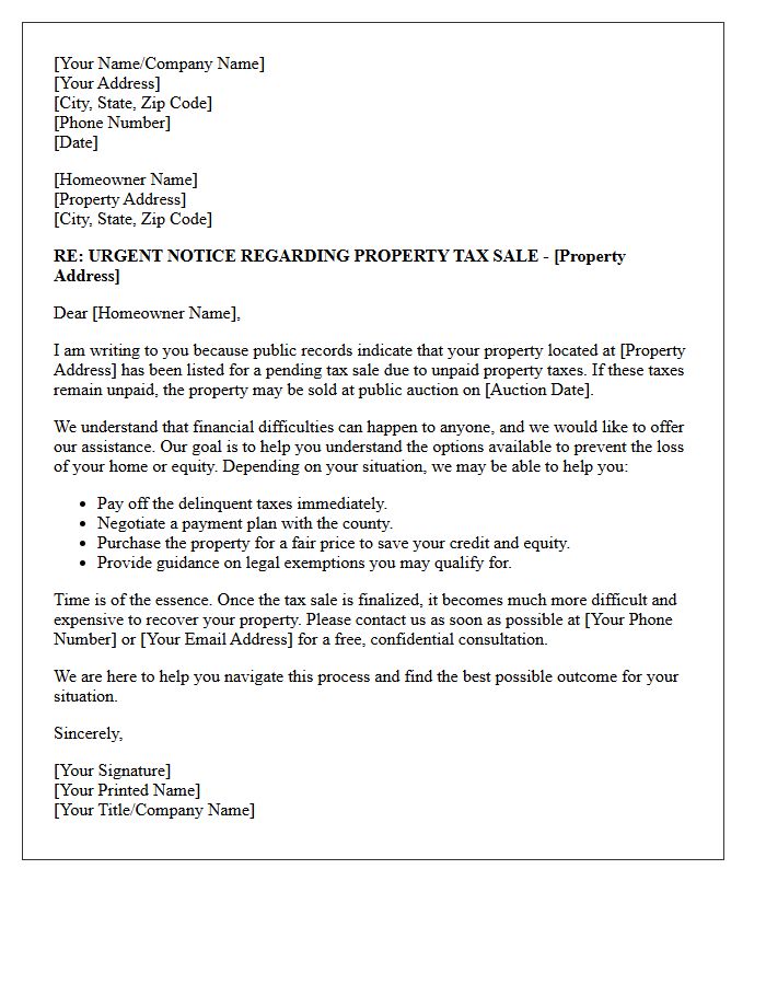 Notice of Pending Tax Sale Assistance Letter