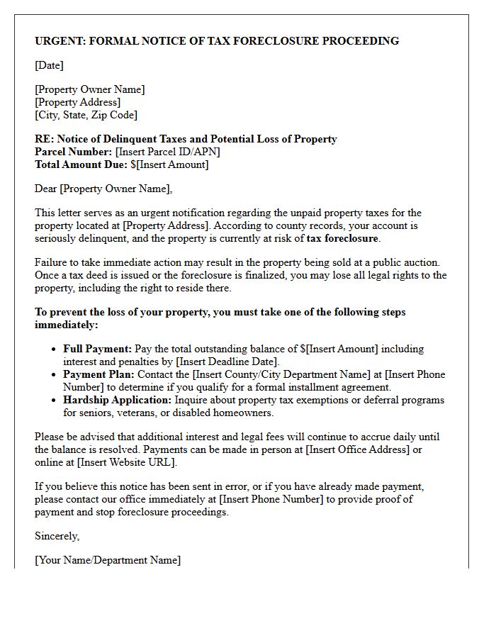Urgent Tax Foreclosure Prevention Letter