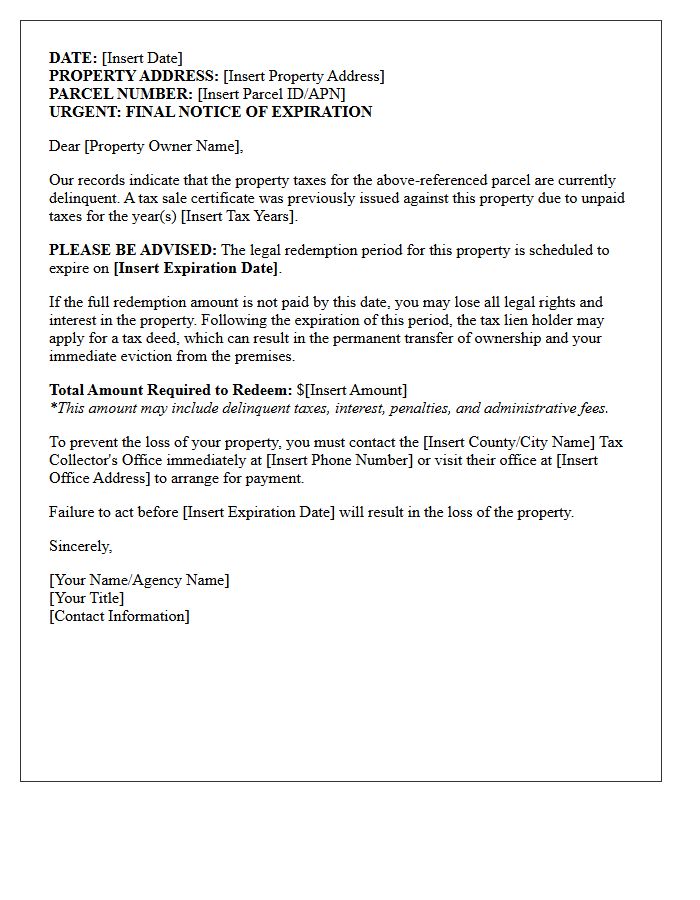 Expiring Tax Redemption Period Warning Letter
