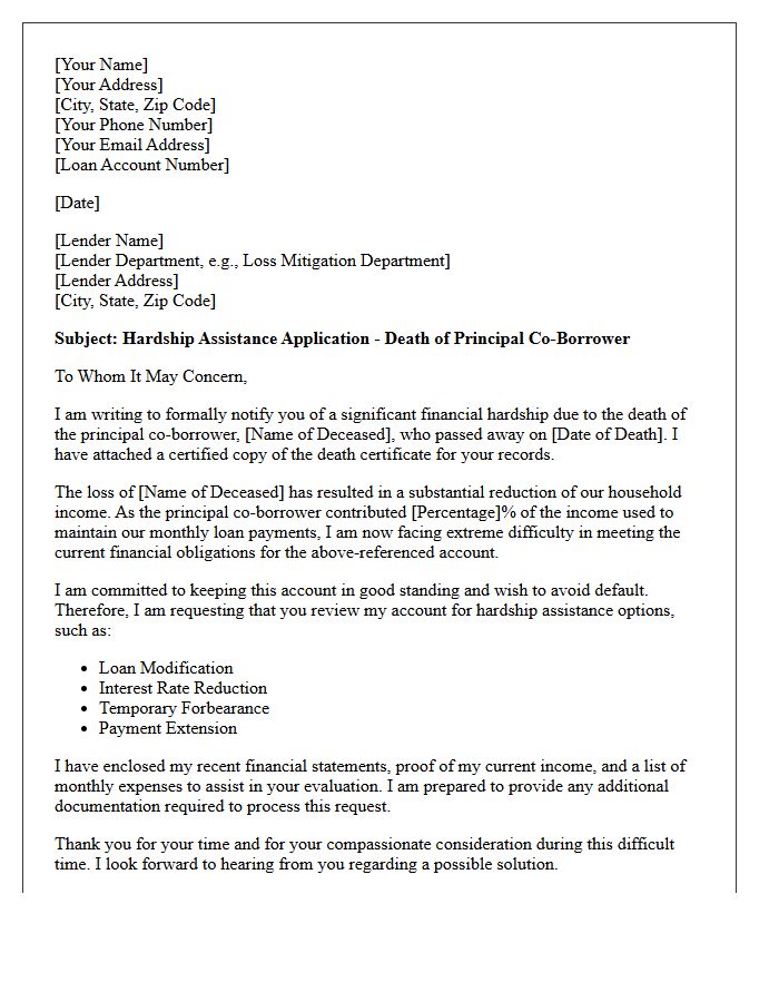 Death of a Principal Co-Borrower Hardship Assistance Letter