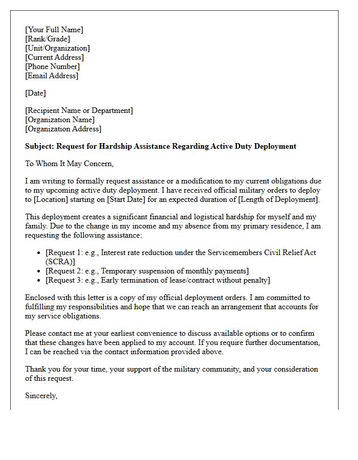 Active Duty Military Deployment Hardship Assistance Letter