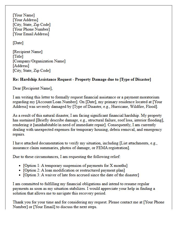 Natural Disaster and Property Damage Hardship Letter