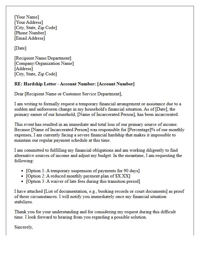 Sudden Incarceration of a Primary Earner Hardship Letter