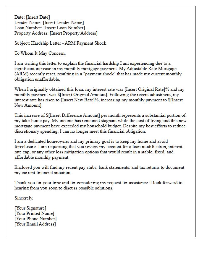 Adjustable Rate Mortgage Payment Shock Hardship Letter