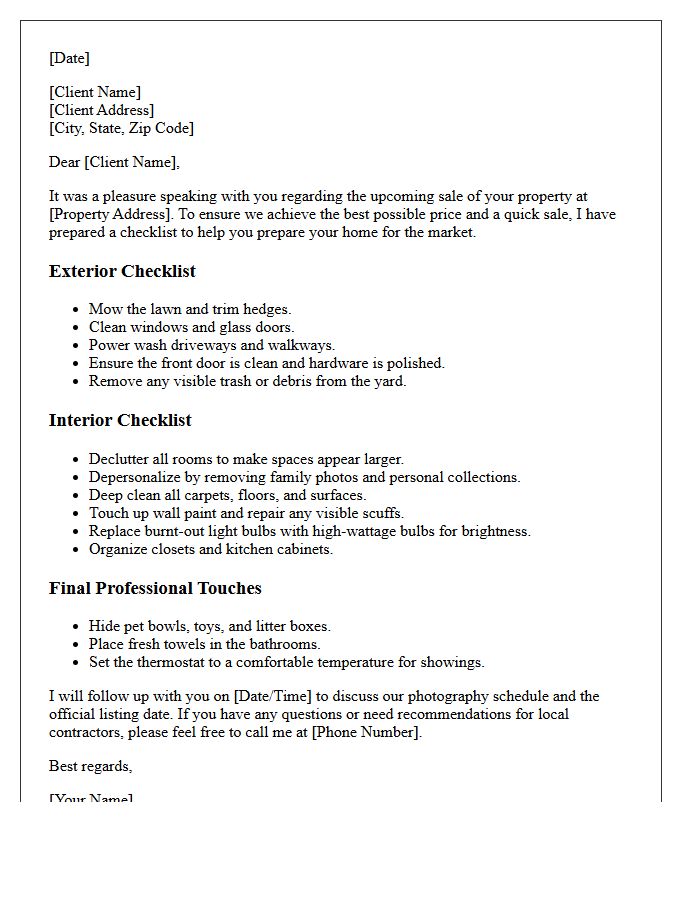Pre-Listing Preparation Checklist Letter