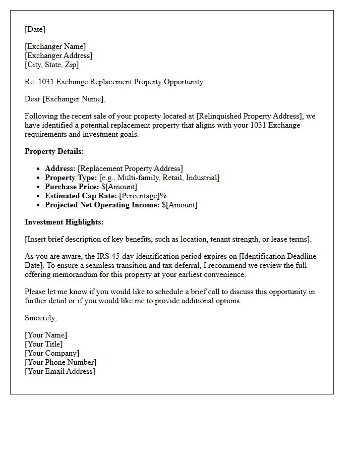 Initial 1031 Exchange Investment Opportunity Letter