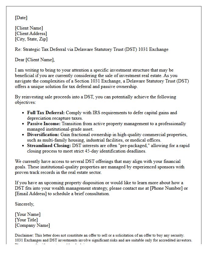 Delaware Statutory Trust 1031 Exchange Opportunity Letter