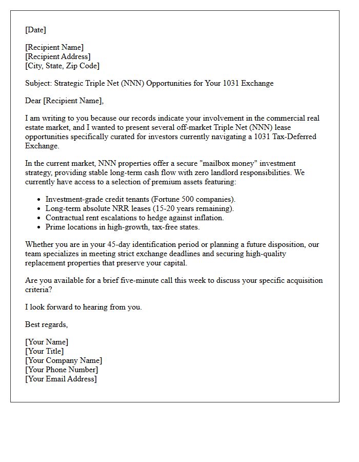 Triple Net Lease 1031 Exchange Opportunity Letter