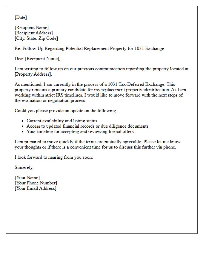 Follow-Up 1031 Exchange Replacement Property Letter