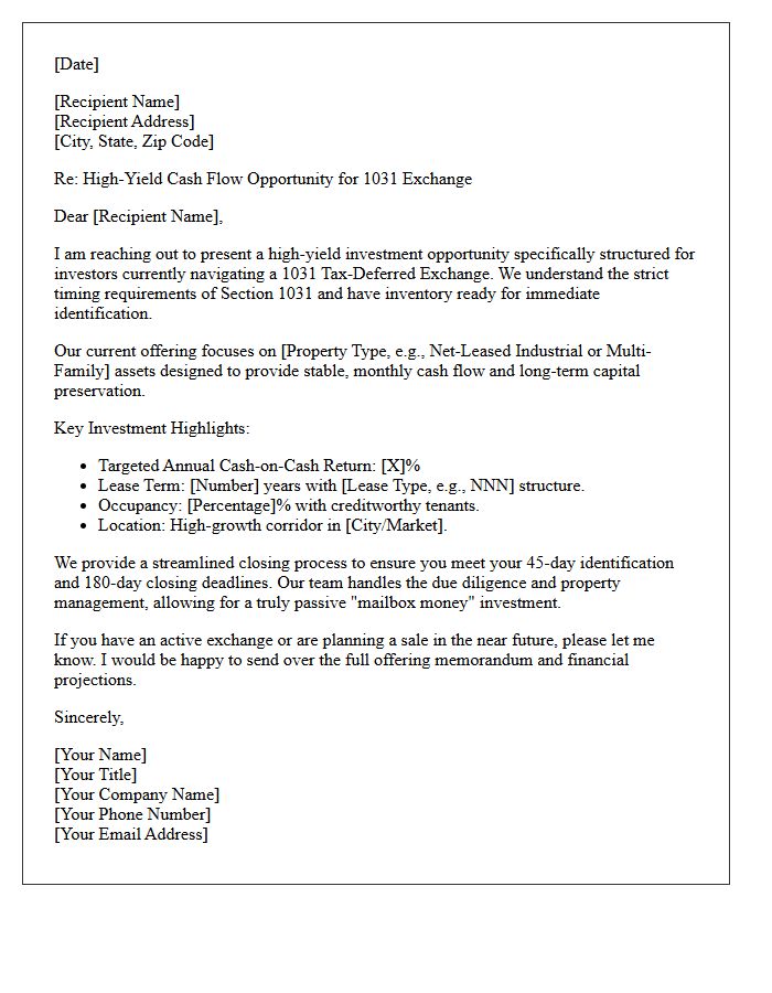 High-Yield Cash Flow 1031 Exchange Investment Letter