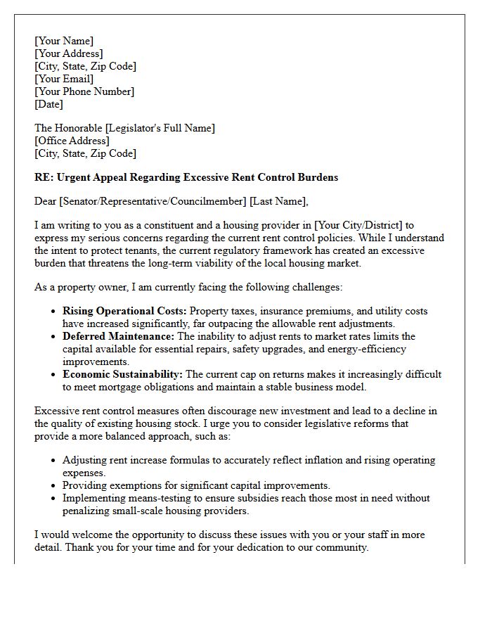Legislative Appeal Regarding Excessive Rent Control Burden Letter