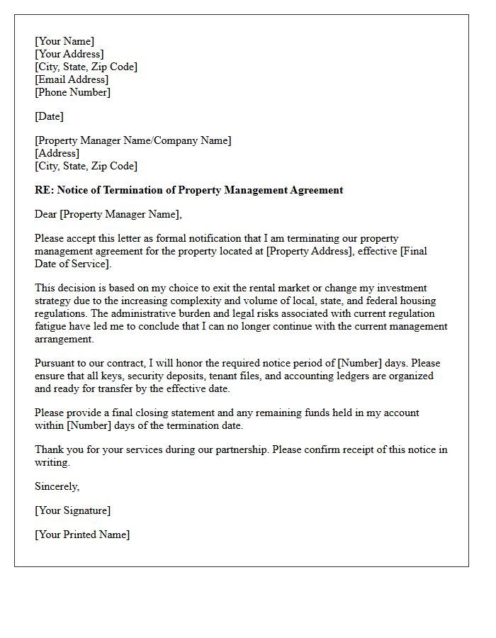 Property Management Contract Termination Due To Regulation Fatigue Letter