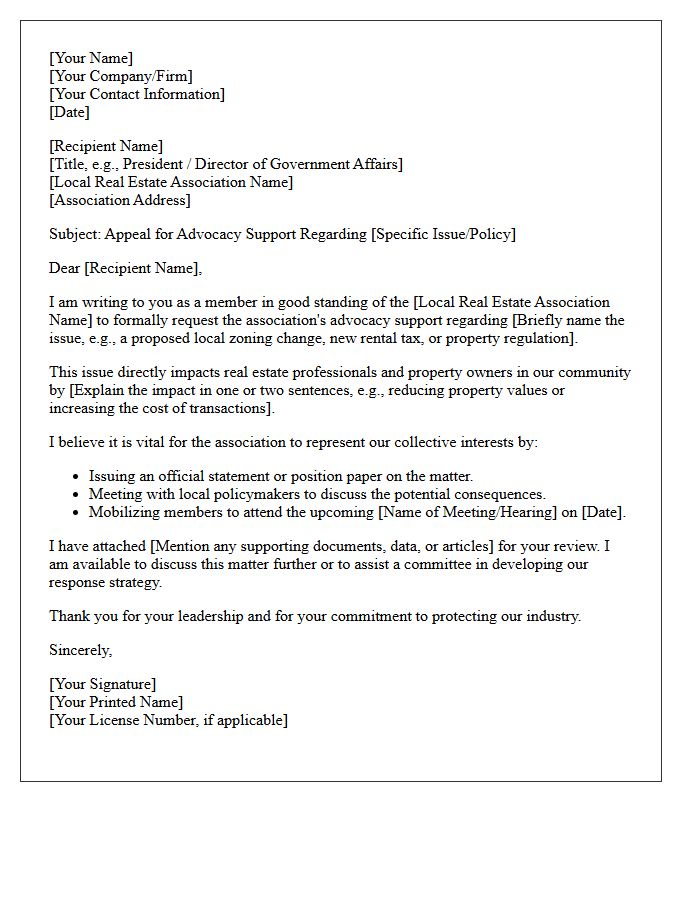 Appeal For Advocacy Support To Local Real Estate Association Letter