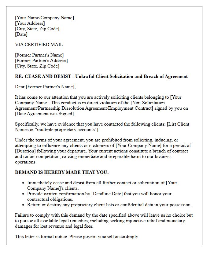 Cease and Desist Letter for Former Partner Client Solicitation