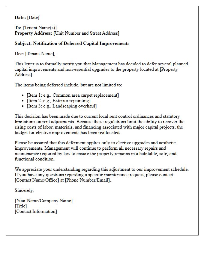 Notification Of Deferred Capital Improvements Due To Rent Control Letter