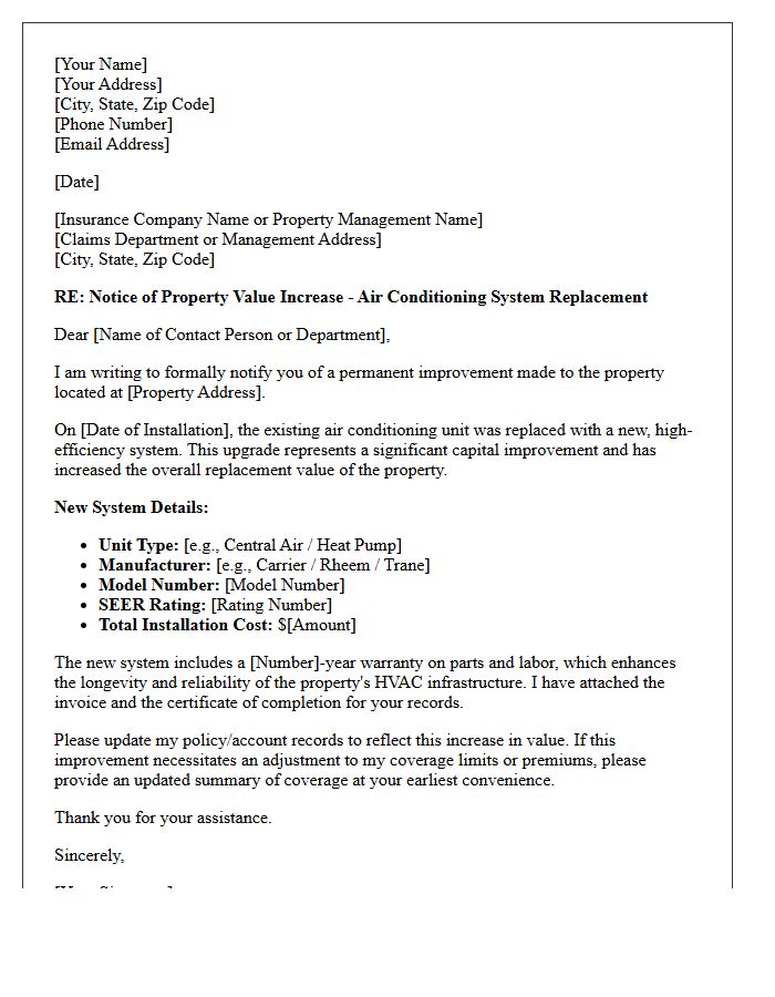 Air Conditioning Replacement Value Increase Letter