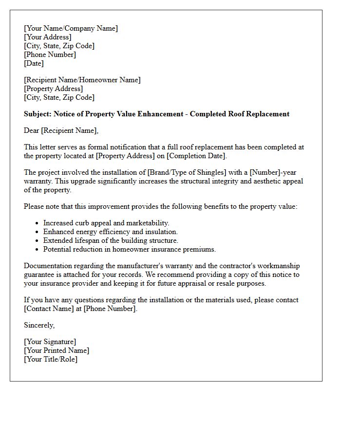 Roof Replacement Property Value Notification Letter