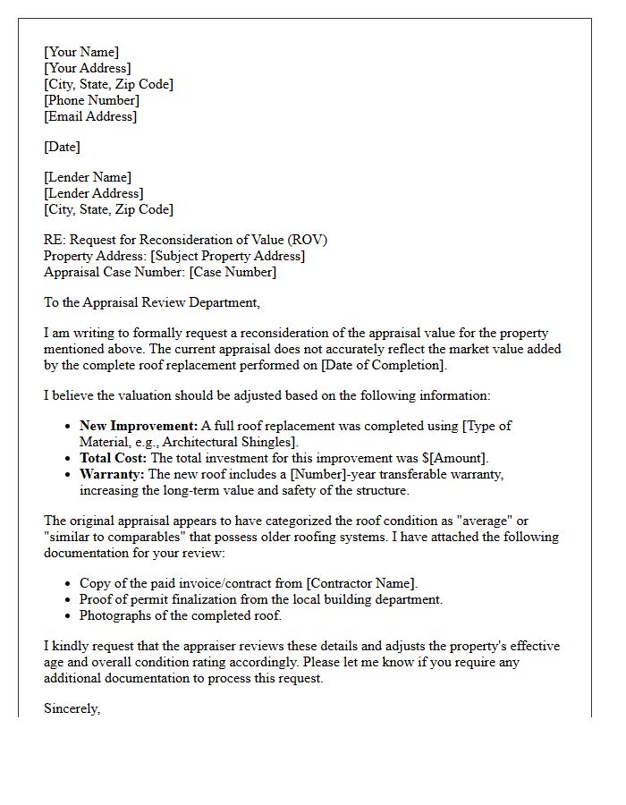 Appraisal Reconsideration For Roof Replacement Letter