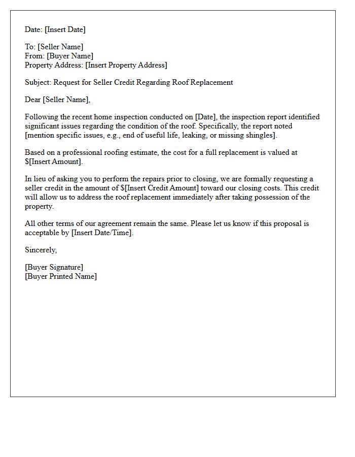 Seller Credit Request For Roof Replacement Letter