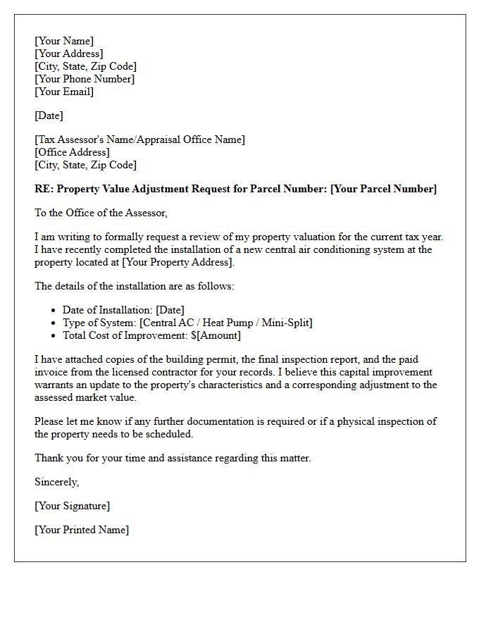 Property Value Adjustment For New Air Conditioning Letter