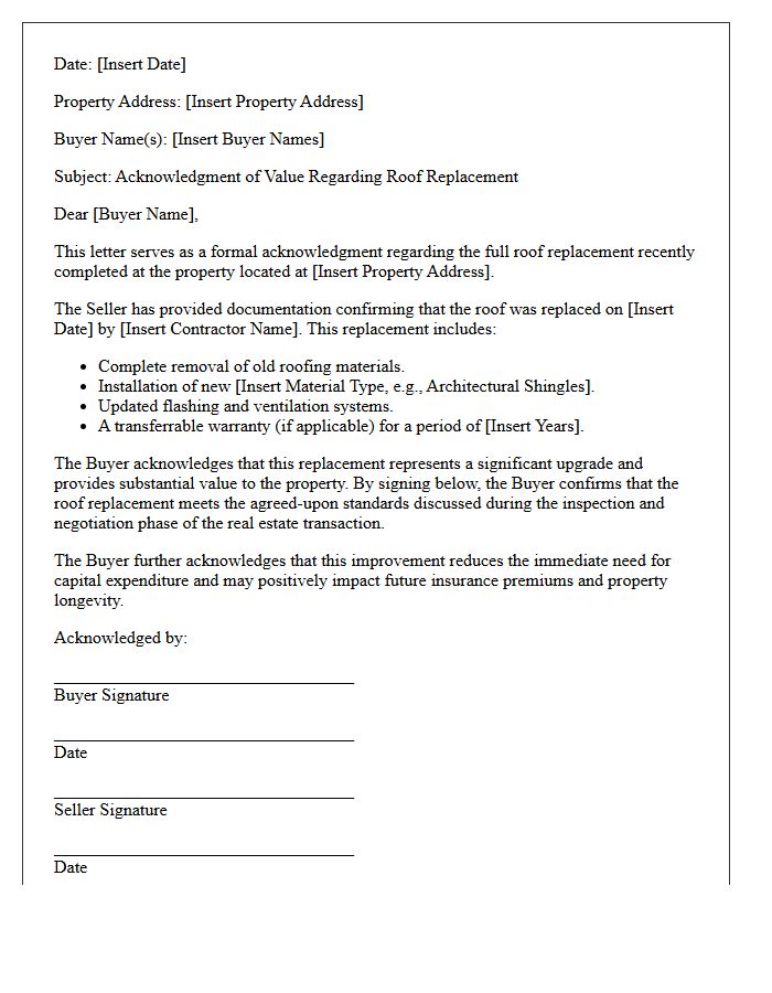 Buyer Value Acknowledgment For Roof Replacement Letter