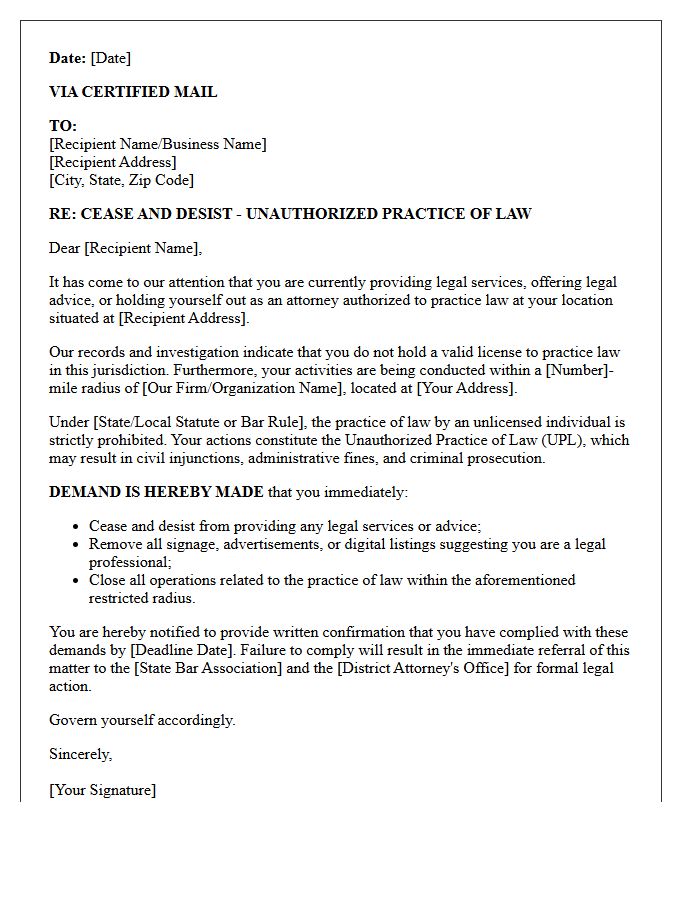 Letter Demanding Cessation of Unauthorized Legal Practice in Restricted Radius