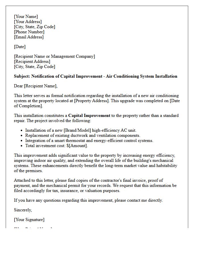 Air Conditioning Capital Improvement Value Letter