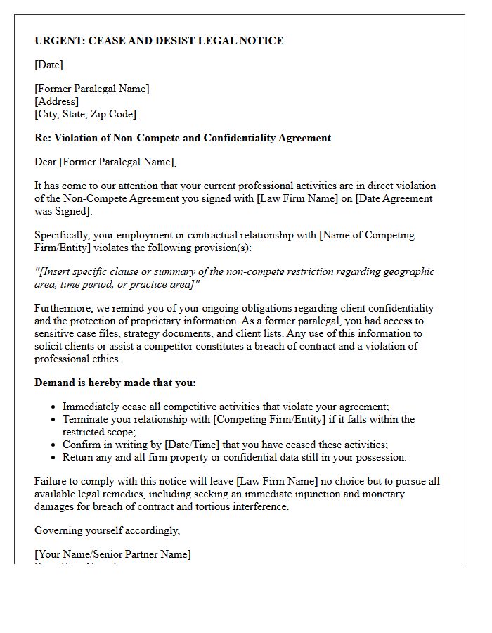 Non-Compete Violation Cease and Desist Letter to Former Paralegal