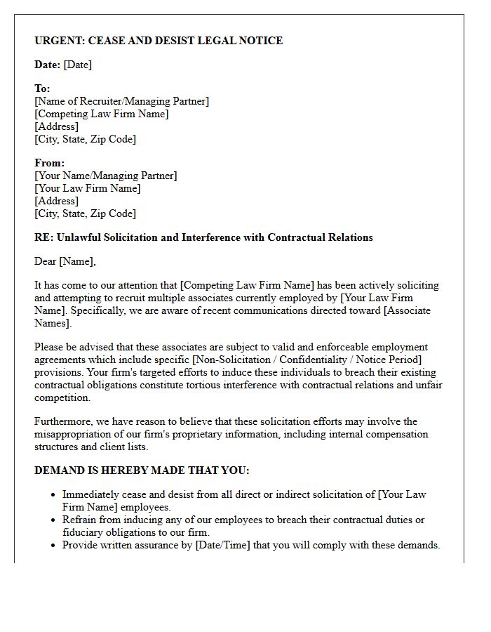 Cease and Desist Letter for Poaching Law Firm Associates