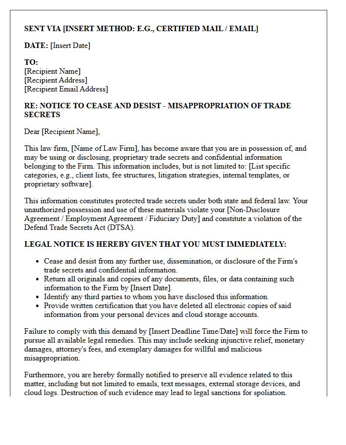 Notice and Cease and Desist Letter Regarding Law Firm Trade Secrets