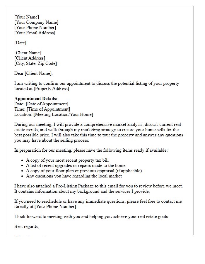 Pre-Listing Appointment Confirmation Letter