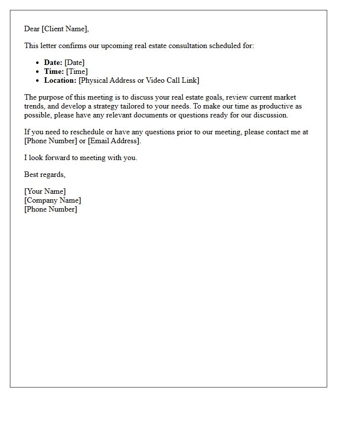 This Letter Confirms Our Upcoming Real Estate Consultation