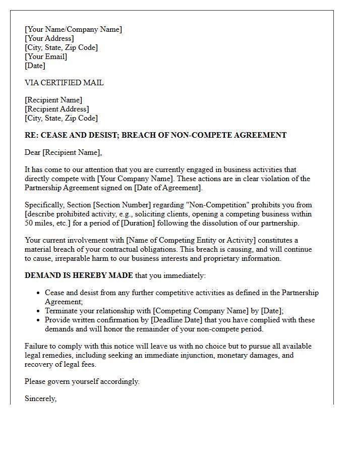 Letter of Cease and Desist for Breach of Partnership Non-Compete Agreement