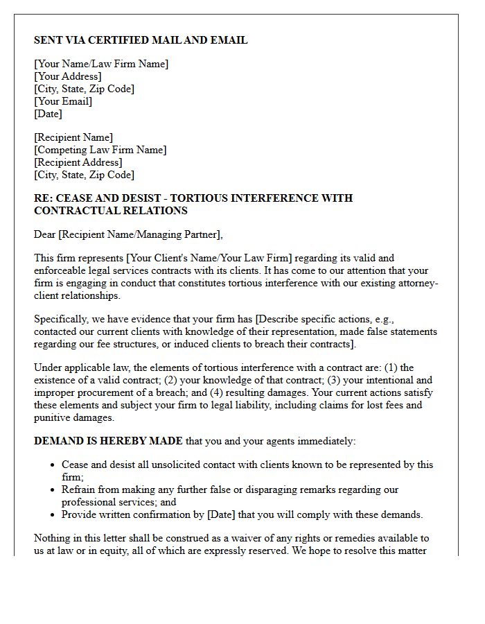 Cease and Desist Letter to Competing Law Firm Regarding Tortious Interference