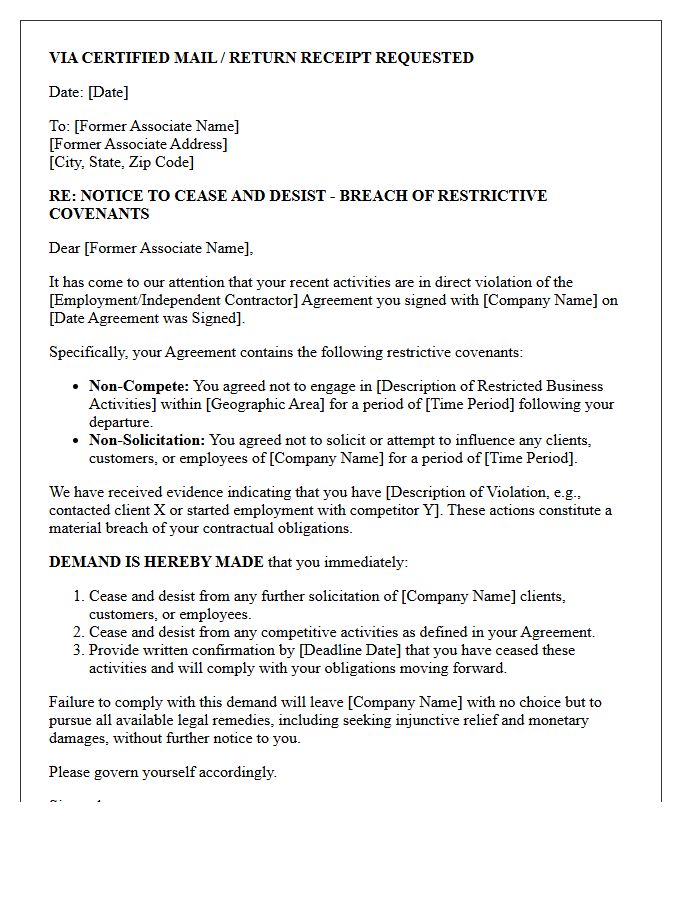 Non-Solicitation and Non-Compete Cease and Desist Letter to Former Associate