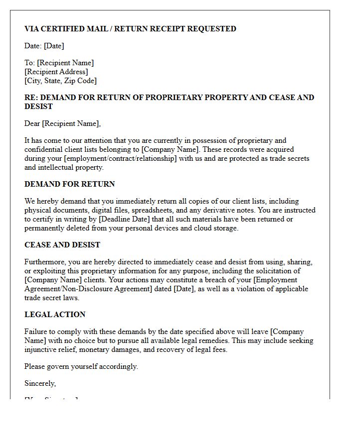Letter Demanding Return of Proprietary Client Lists and Cease and Desist