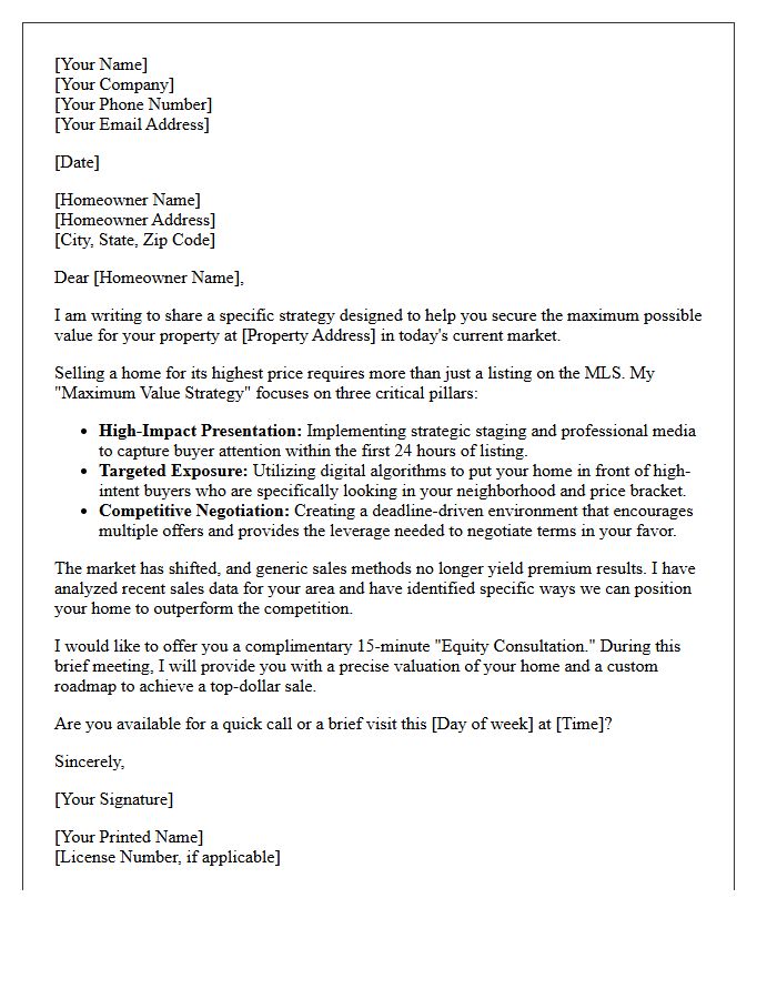 Maximum Value Home Sale Strategy Letter