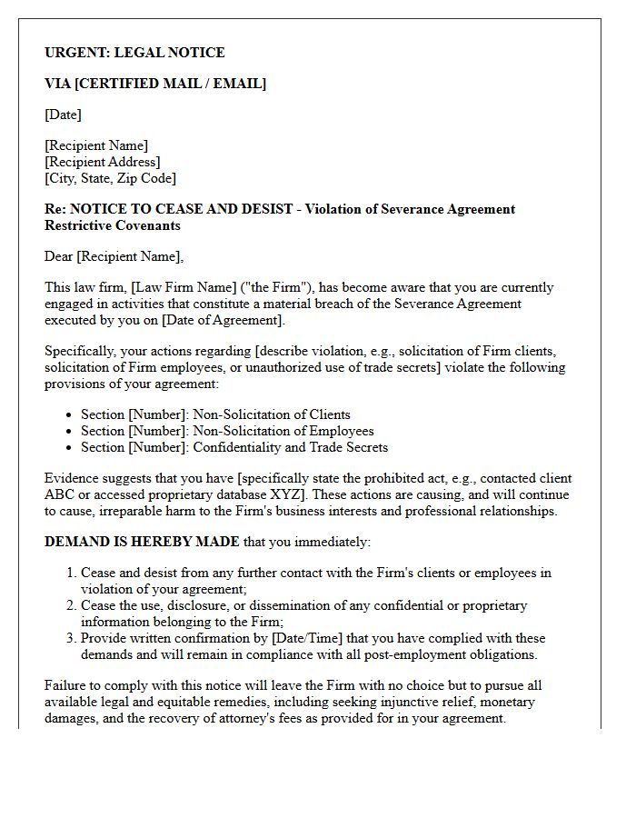 Cease and Desist Letter for Violation of Law Firm Severance Restrictive Covenants