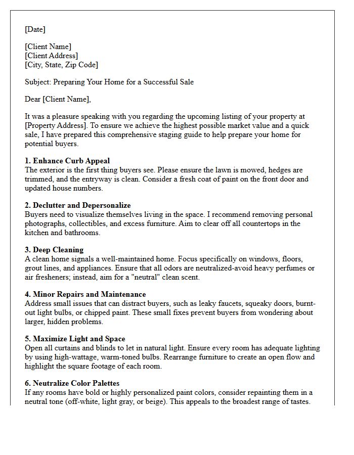 Comprehensive Home Staging Advice Pre-Listing Letter