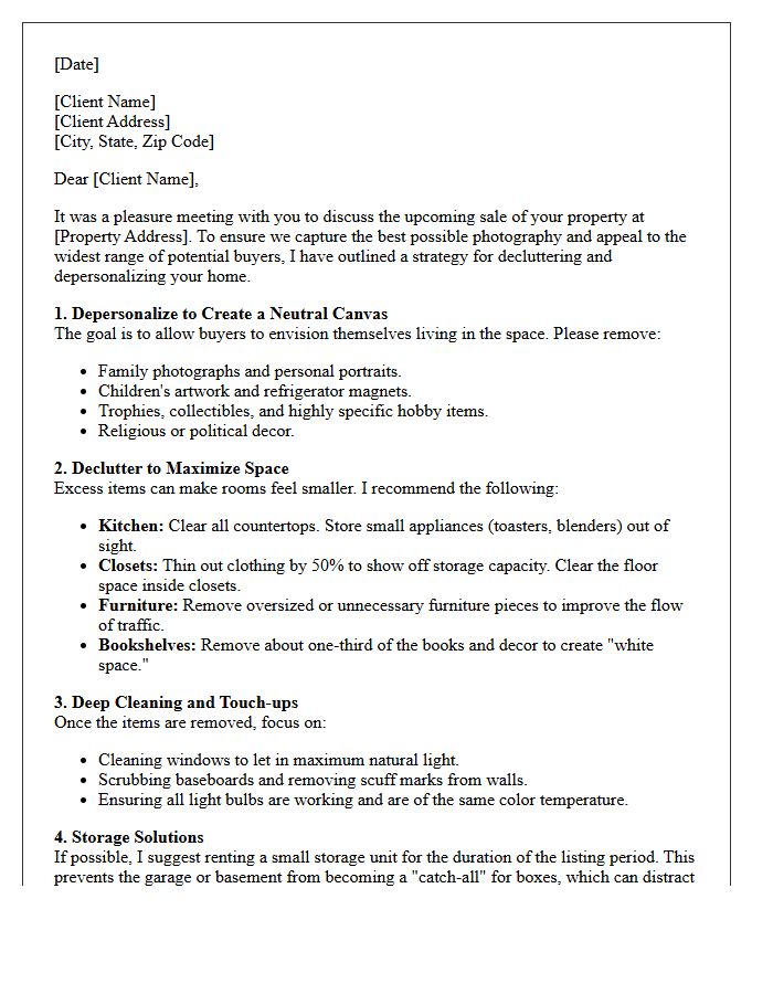 Decluttering and Depersonalizing Strategy Advice Letter