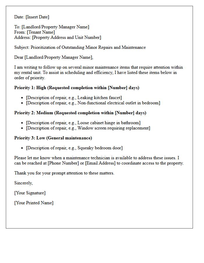Minor Repairs and Maintenance Prioritization Letter