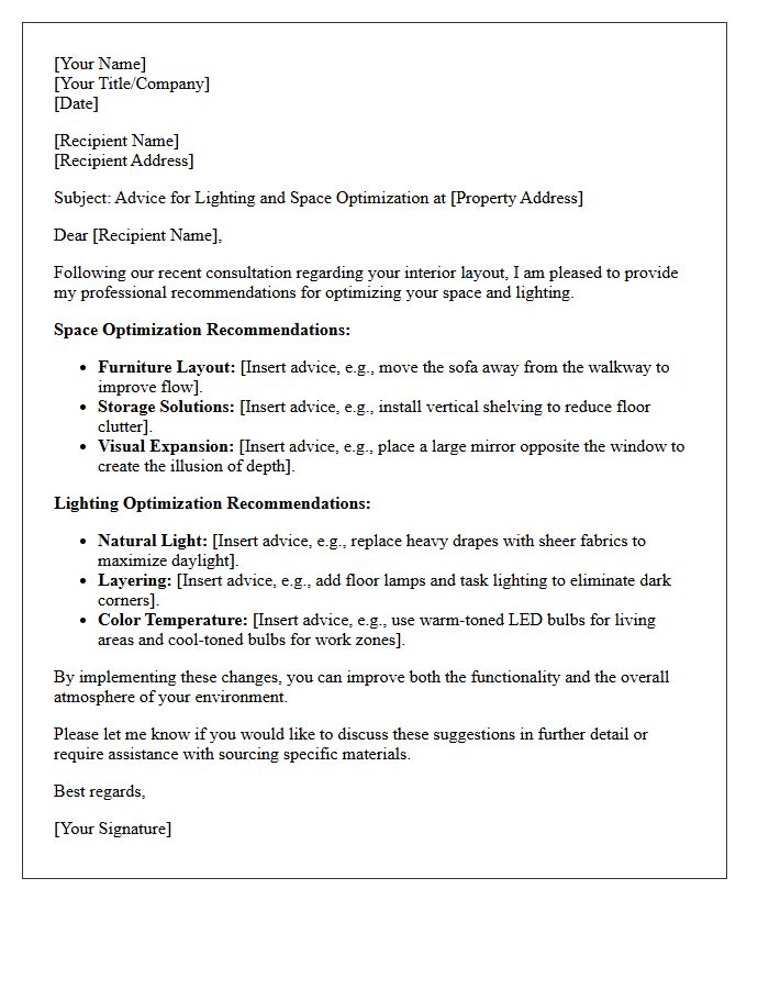Lighting and Space Optimization Advice Letter