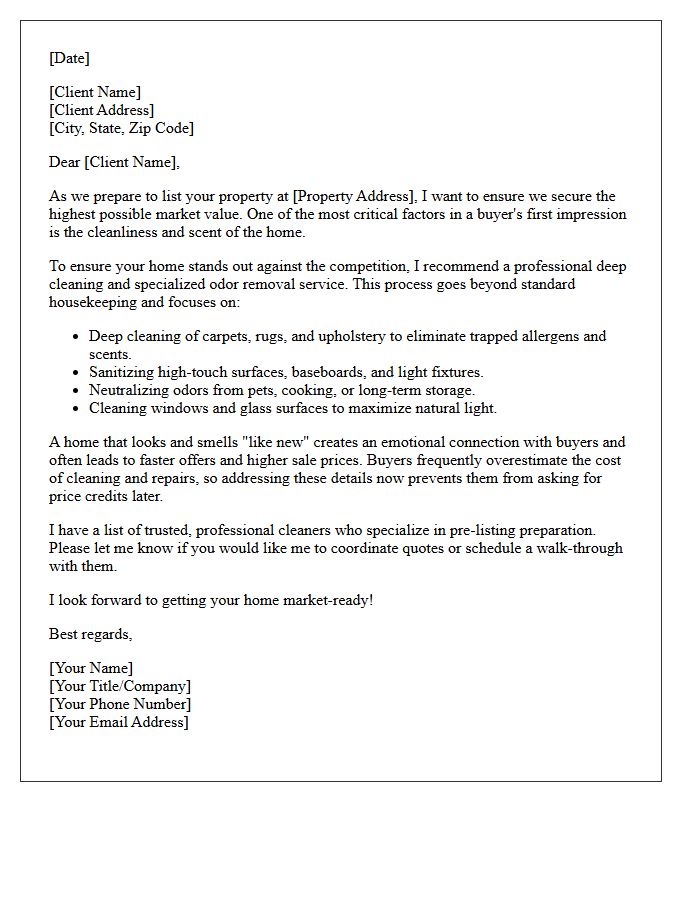 Deep Cleaning and Odor Removal Pre-Listing Letter