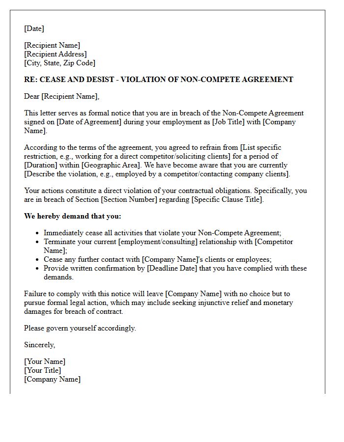Administrative Staff Non-Compete Violation Cease and Desist Letter