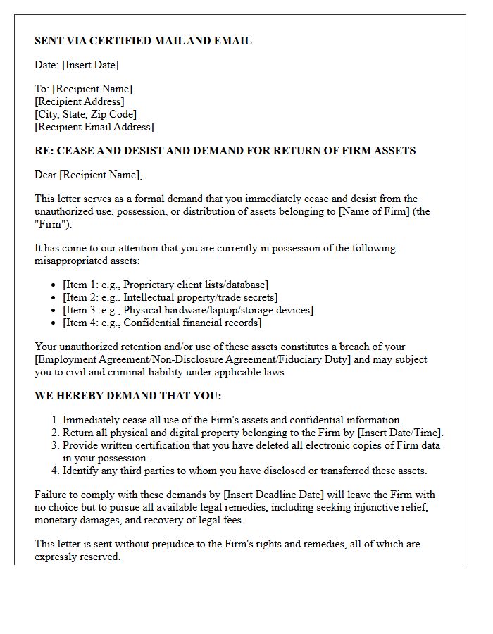 Letter of Demand and Cease and Desist for Misappropriation of Firm Assets